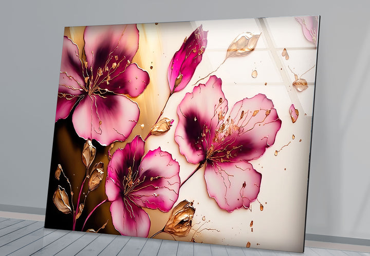 Rosa florale Glaswandkunst – Elegantes goldenes Blütenblatt, modernes botanisches Dekor