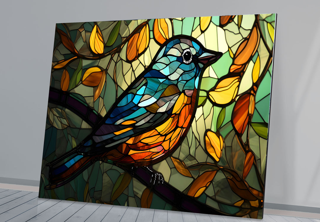 Stained Glass Bird Wall Art – Colorful Songbird on Branch, Nature-Inspired Decor