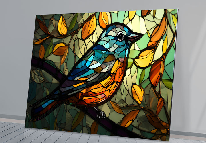 Stained Glass Bird Wall Art – Colorful Songbird on Branch, Nature-Inspired Decor