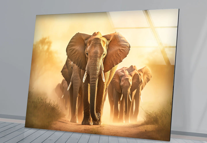 Elephant Herd Safari Wall Art – Majestic Wildlife Glass Print for Bold Natural Decor - MyPhotoStation