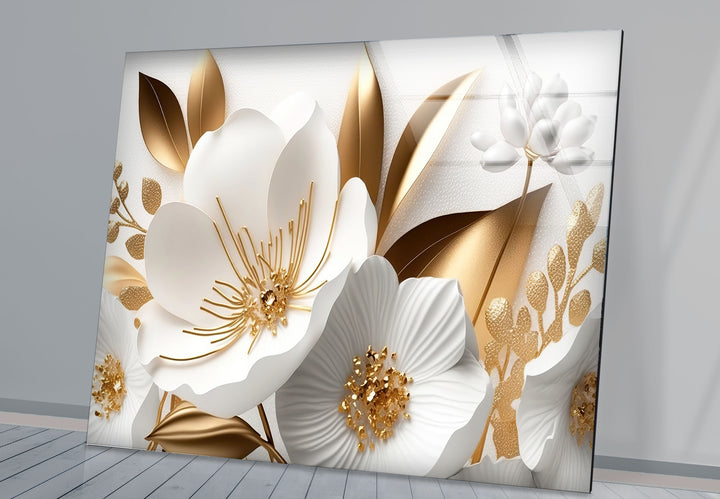 Elegant White and Gold Floral Wall Art – Luxury Botanical Glass Print for Sophisticated Decor