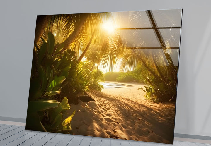Golden Forest Beach Wall Art – Tropical Palm Tree Pathway Glass Print for Tranquil Nature-Inspired Decor