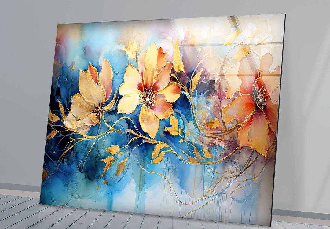 Golden Floral Fantasy Wall Art – Abstract Blue and Yellow Flower Glass Print for Elegant Interiors - MyPhotoStation