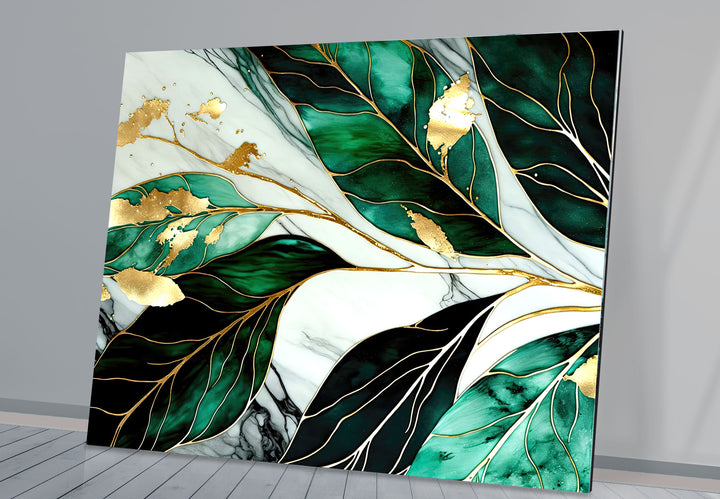 Gold & Emerald Botanical Glass Wall Art – Luxury Green Leaf Design