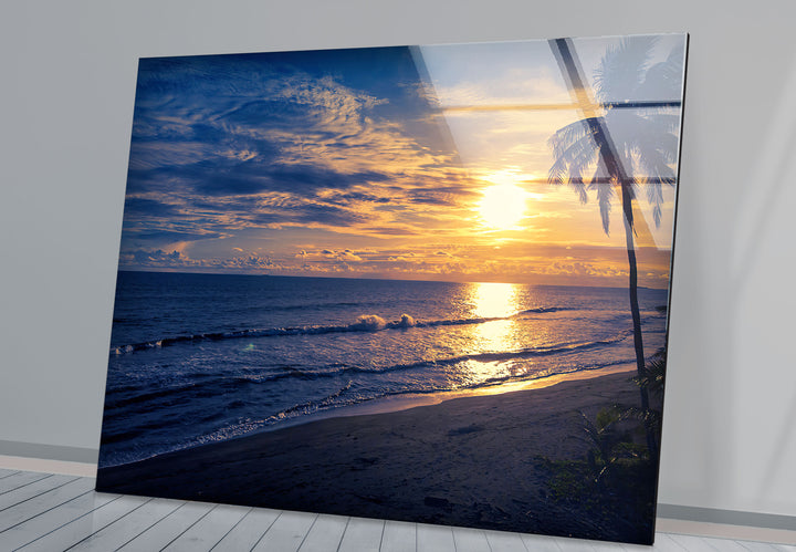 Golden Blue Beach Sunset Wall Art – Coastal Glass Print with Palm Silhouette