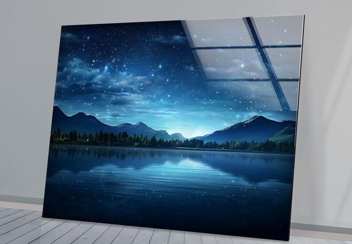 Starry Night Lake Wall Art – Tranquil Mountain Reflection Glass Print for Interior Elegance