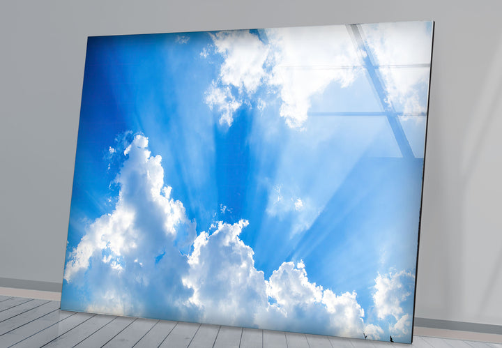 Heavenly Sky Light Rays Wall Art – Blue Cloudscape Glass Print for Uplifting Decor