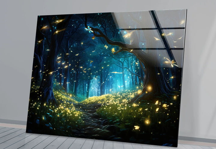 Enchanted Firefly Forest Wall Art – Magical Night Path Glass Print for Fantasy Decor - MyPhotoStation