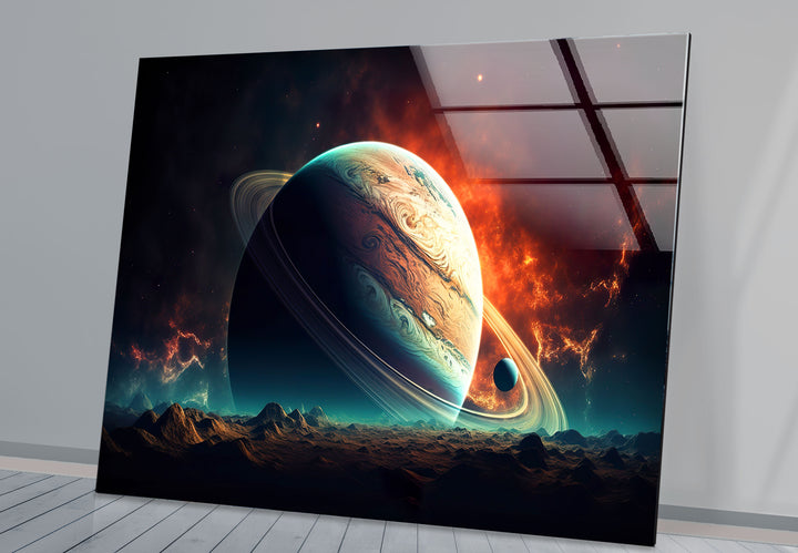 Saturn über fremdem Horizont – Planetenlandschaft, Glaswandkunst 