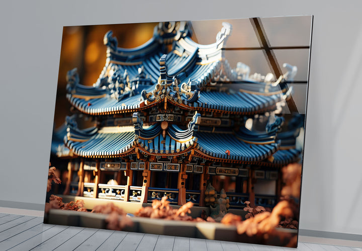Traditional Asian Temple Wall Art – Blue Pagoda Architecture Glass Print for Cultural Decor
