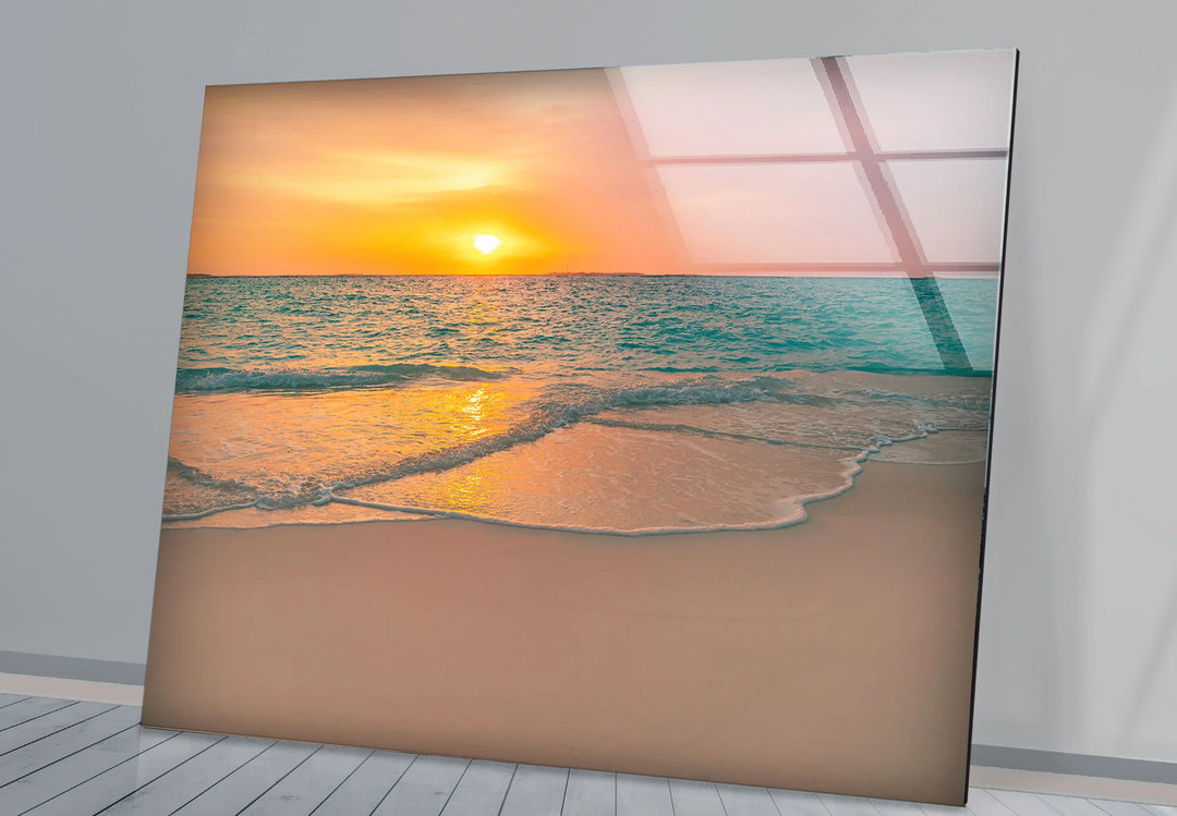 Tranquil Sunset Beach Wall Art – Coastal Ocean Waves with Soft Orange Glow - MyPhotoStation