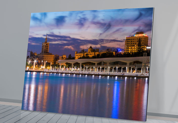 Malaga Waterfront Cityscape Wall Art – Dusk Skyline Glass Print for Urban Decor