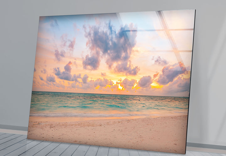 Pastel Beach Sunset Wall Art – Tranquil Ocean Shoreline Glass Print for Calm Spaces