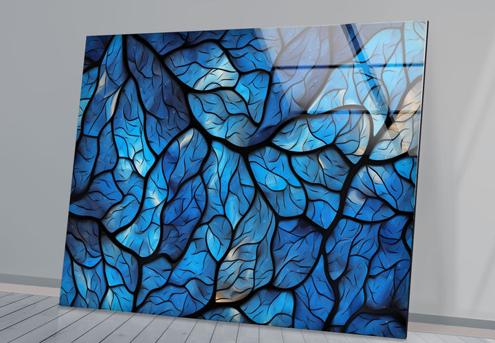 Blaues Blattmosaik-Wandbild – Abstrakter Naturglasdruck für modernes Dekor