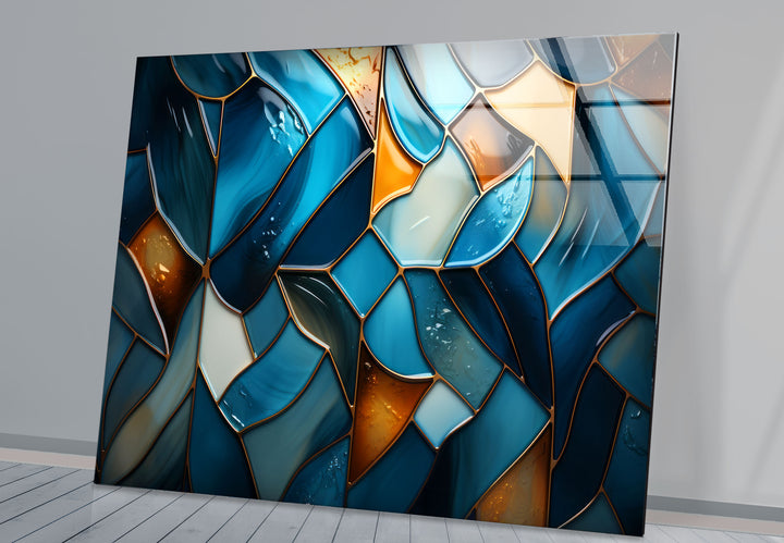 Blue Stained Glass Wall Art – Abstract Mosaic Glass Print Decor