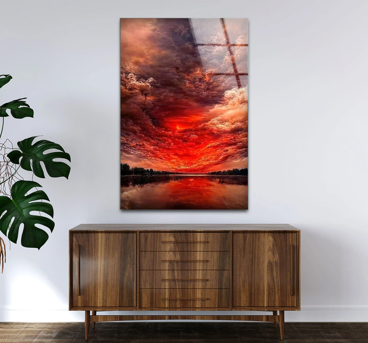 Fiery Sunset Sky Glass Wall Art – Dramatic Red Clouds Over Water Landscape - MyPhotoStation