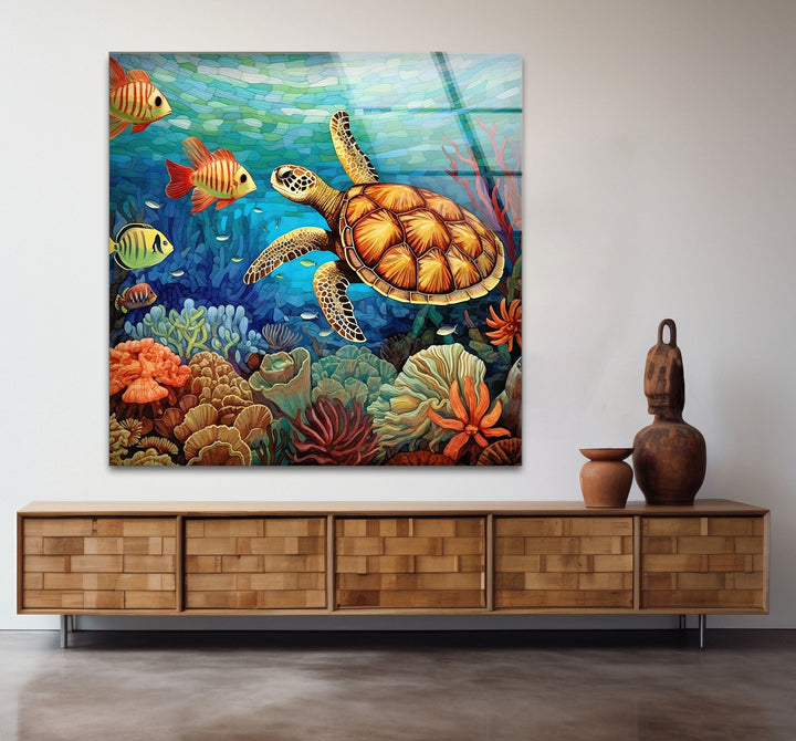 Sea Turtle & Fishes Underwater Glass Wall Art print on glass, glass printed photos
