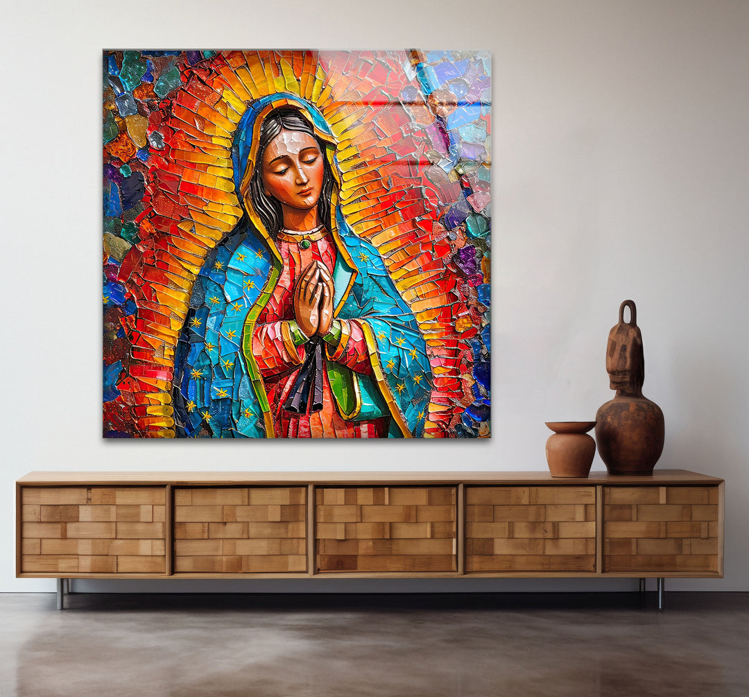 The hanging wall art displays varied textures from the vibrant, glossy mosaic segments creating the religious glass wall art.