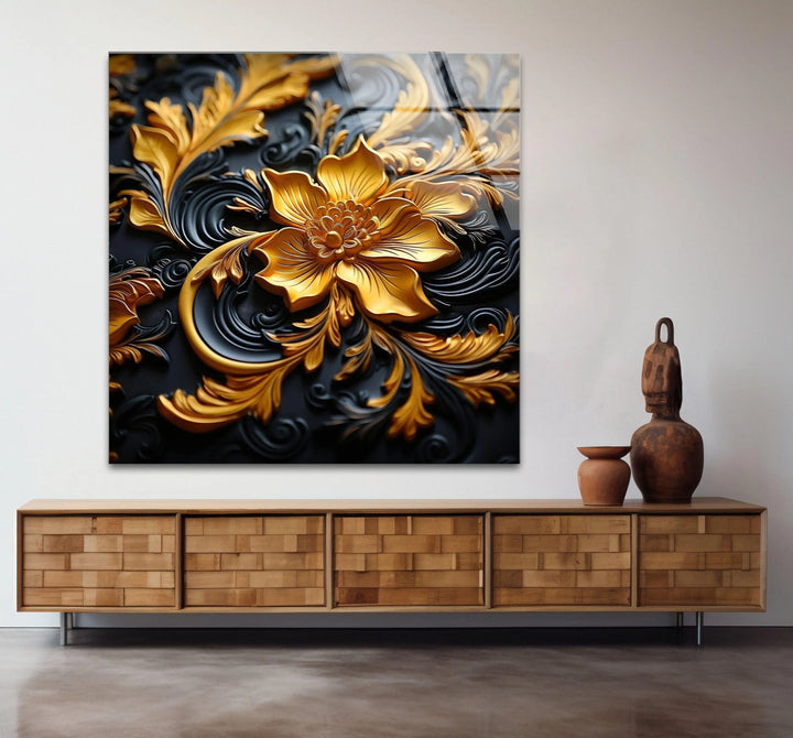 Botanical Gold & Black Flower Glass Wall Art large glass photo prints, glass wall photos
