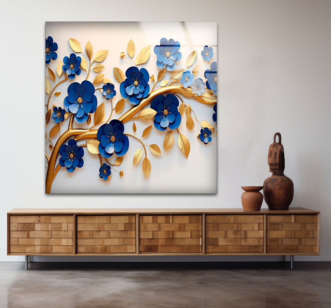 Navy Blue with Golden Details Glass Wall Art custom glass photo prints, large glass prints

