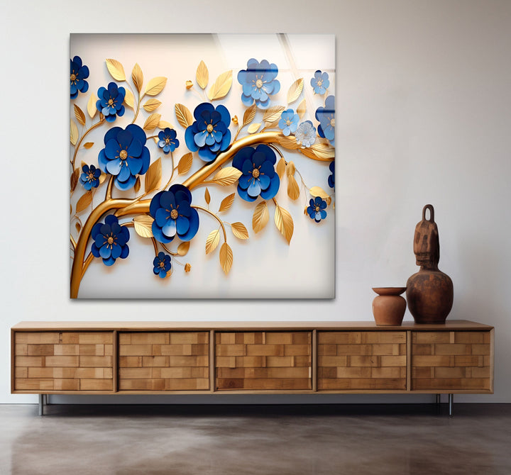 Navy Blue with Golden Details Glass Wall Art custom glass photo prints, large glass prints
