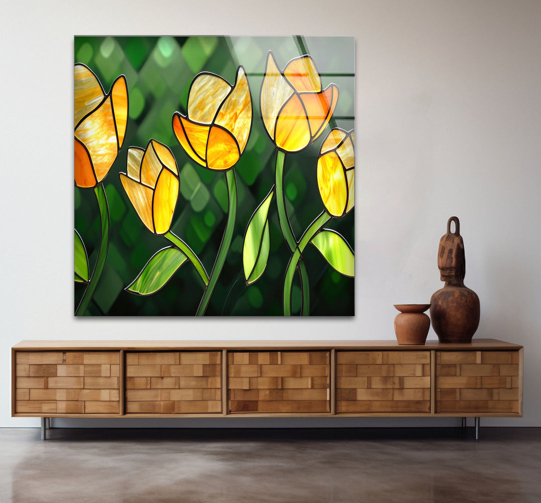 Yellow Flower Stained Glass Wall Art photo print on glass, prints on glass wall art
