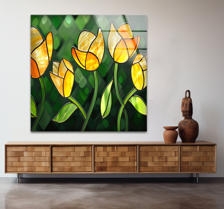 Yellow Flower Stained Glass Wall Art photo print on glass, prints on glass wall art

