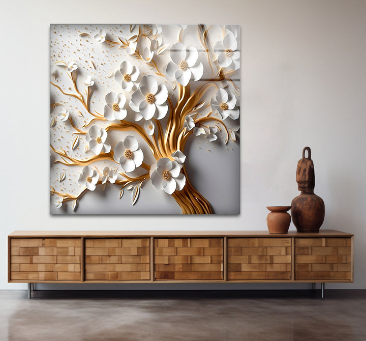 Gold and White Flower Tree Glass Wall Art photo print on glass, prints on glass wall art
