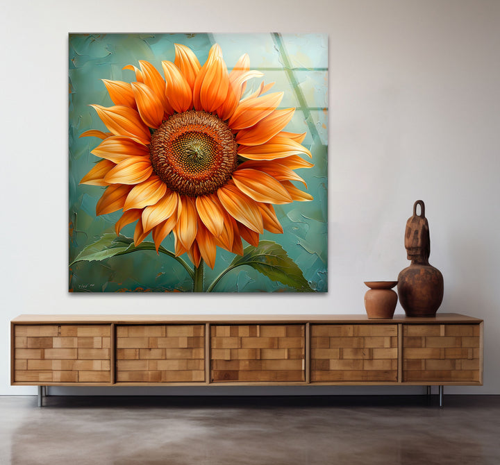 Oil Painting Orange Sunflower Glass Wall Art photo print on glass, prints on glass wall art
