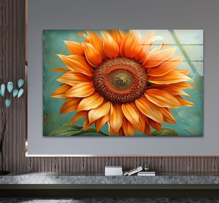 Oil Painting Orange Sunflower Glass Wall Art custom glass pictures, glass art prints
