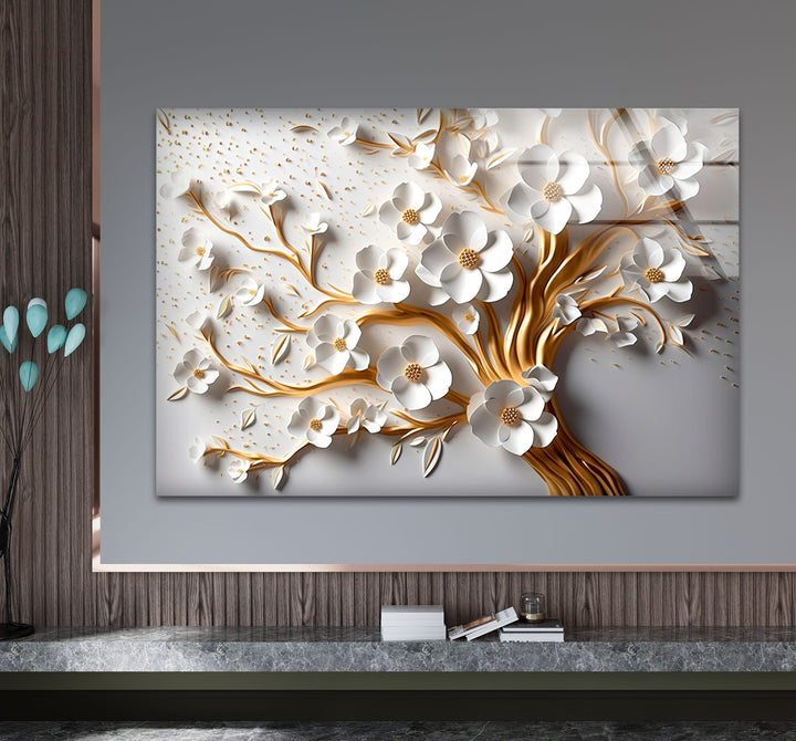 Gold and White Flower Tree Glass Wall Art large glass photo prints, glass wall photos
