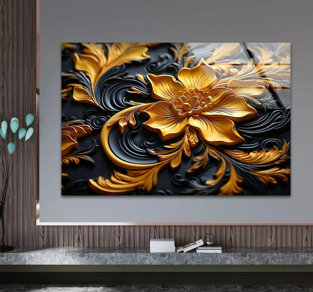 Botanical Gold & Black Flower Glass Wall Art picture on glass wall art, photos printed on glass
