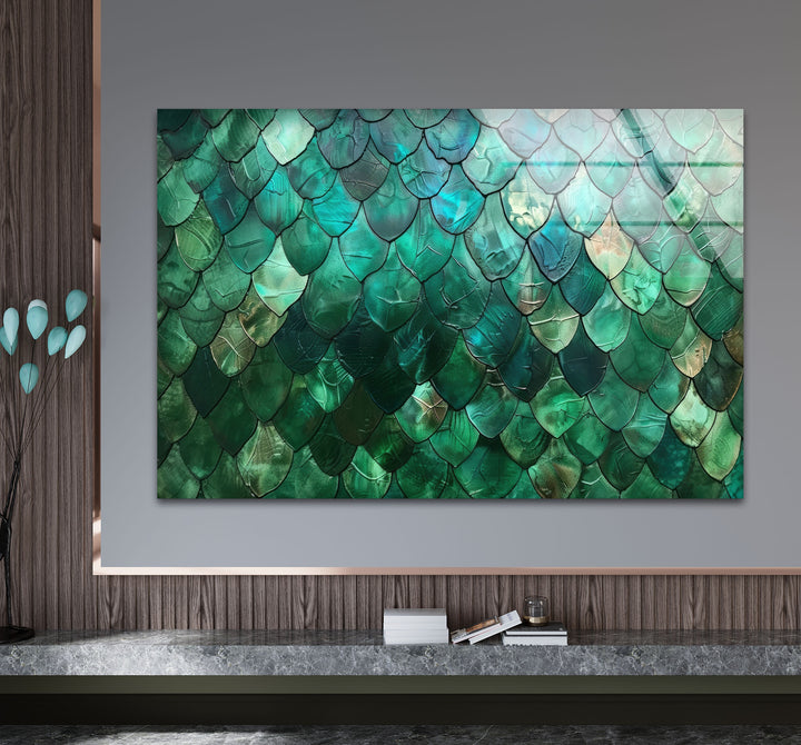 Highlighting the reflective edges of the abstract green glass wall art with emerald scale texture, an exquisite piece for home decoration.