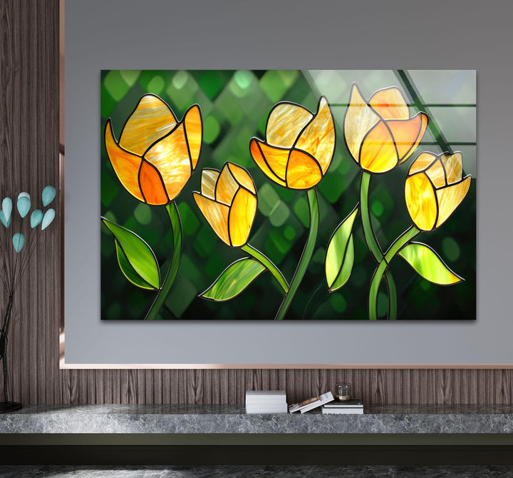 Yellow Flower Stained Glass Wall Art large glass photo prints, glass wall photos
