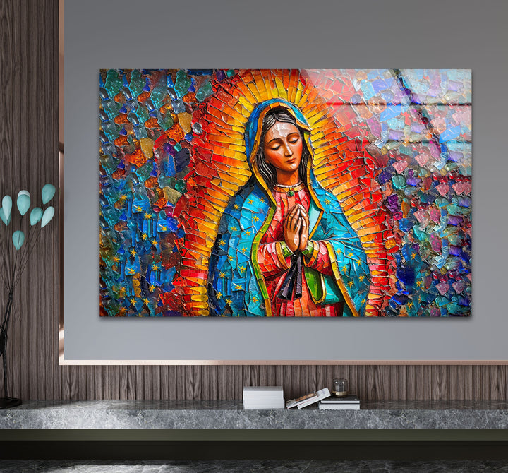 Organic forms define the vibrant mosaic print wall art, featuring the Virgin Mary in a sacred, multicolored design.