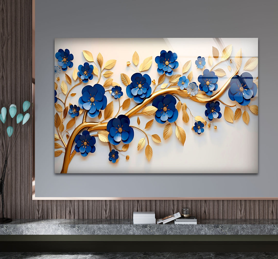 Navy Blue with Golden Details Glass Wall Art picture on glass wall art, photos printed on glass
