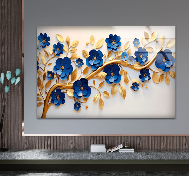 Navy Blue with Golden Details Glass Wall Art picture on glass wall art, photos printed on glass
