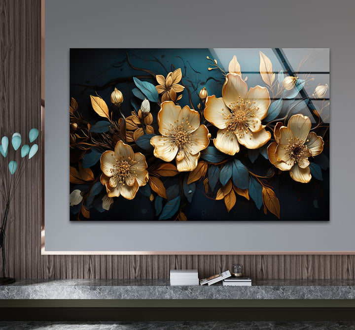 Gold & Blue Botanical Glass Wall Art glass pictures for Wall, glass prints wall art

