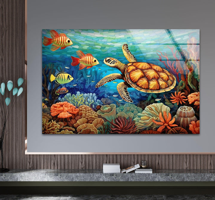 Sea Turtle & Fishes Underwater Glass Wall Art print picture on glass, Tempered Glass Wall Art
