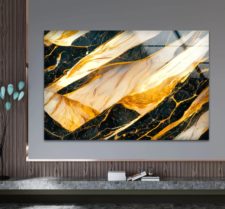 Luxury Black Marble Glass Wall Art with Gold and White Fluid Veins – Modern Abstract Decor - MyPhotoStation