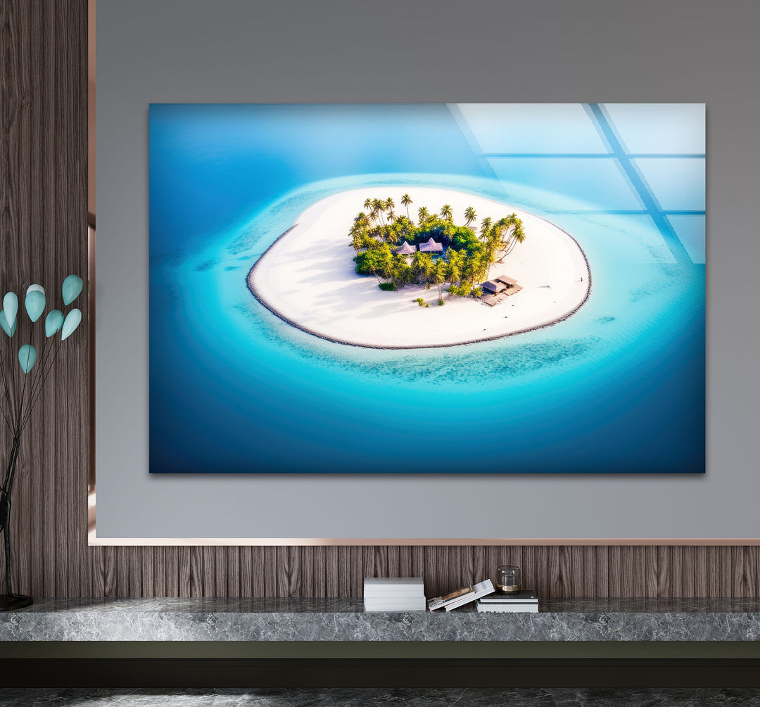 Tropical Island Wall Art – Aerial Beach Paradise Glass Print for Coastal Interiors