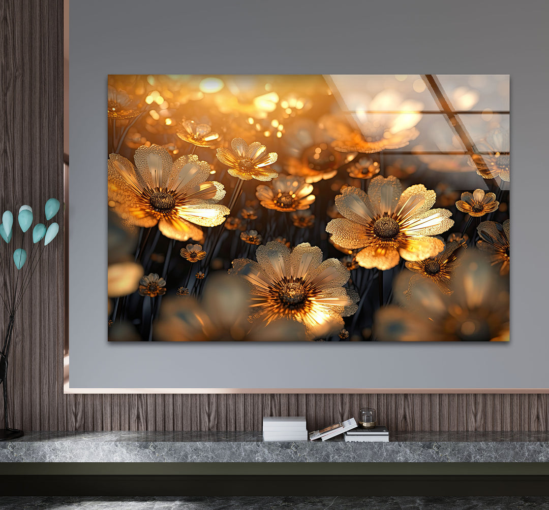 Goldene Gänseblümchenblüten-Wandkunst aus Glas – Strahlende florale Eleganz 