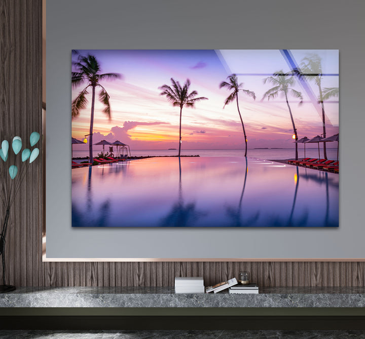 Tropical Sunset Pool Wall Art – Palm Tree Reflection Glass Print for Relaxed Interiors