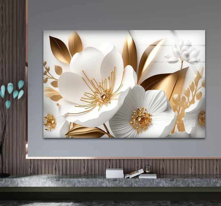 Elegant White and Gold Floral Wall Art – Luxury Botanical Glass Print for Sophisticated Decor