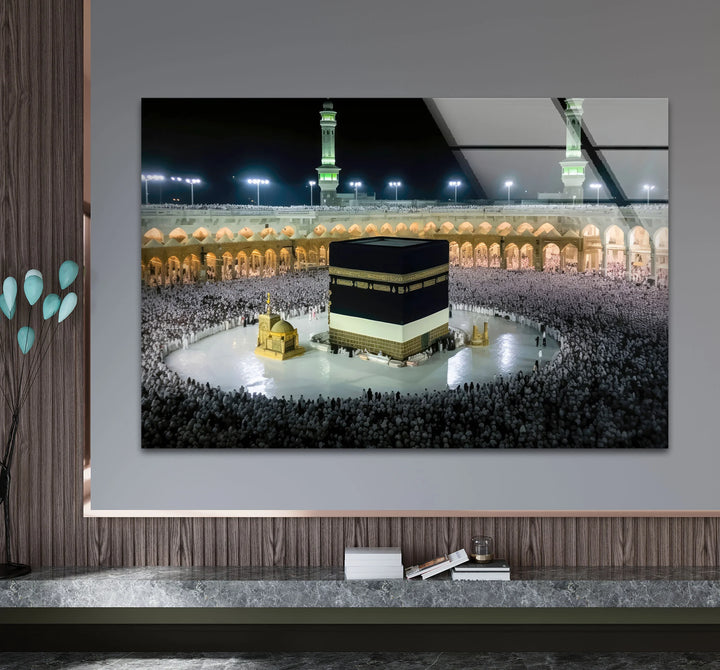 Kaaba Mecca Wall Art – Sacred Islamic Glass Print of Masjid al-Haram at Night - MyPhotoStation
