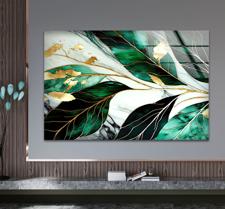 Gold & Emerald Botanical Glass Wall Art – Luxury Green Leaf Design