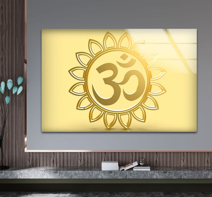 Goldenes Om-Symbol Wandkunst – Spirituelles Hindu-Dekor Glasdruck