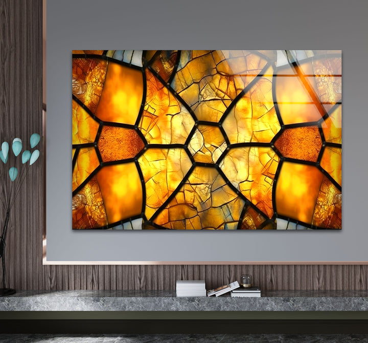 Golden Honeycomb Glass Wall Art – Amber Mosaic Geometric Decor