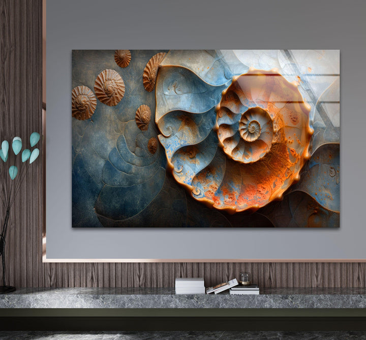 Wanddekoration aus Glas mit Fossilienmuscheln