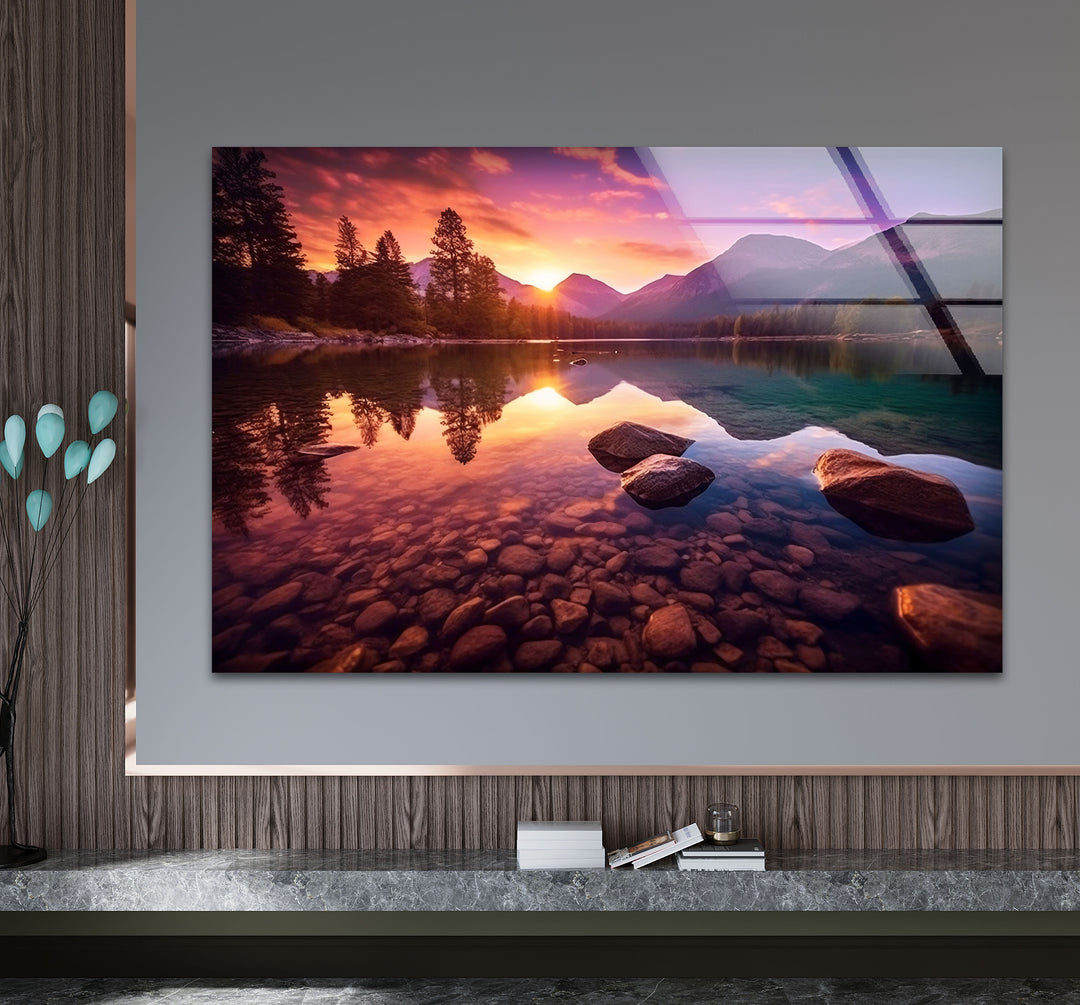 Bergsee Sonnenuntergang Wandkunst – Ruhige Natur Glas Landschaft Dekor